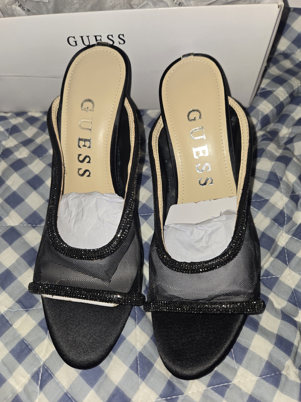 GUESS Mansa Black Rhinestone Mesh Heeled Sandals Mules - Size 7.5